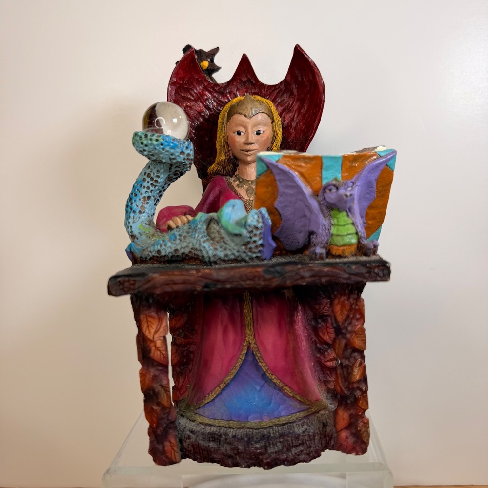 Steve Tunturi Signed Sorceress Dragon Crystal Ball Hand Carved Wood Sculpture
